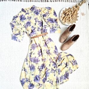 Geegee Dresses Mock Neck Leg Of Mutton Puff Sleeve Yellow Floral Midi Dress S